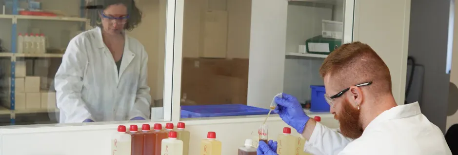 Vue intérieure du laboratoire Transfo Lab avec deux experts au travail